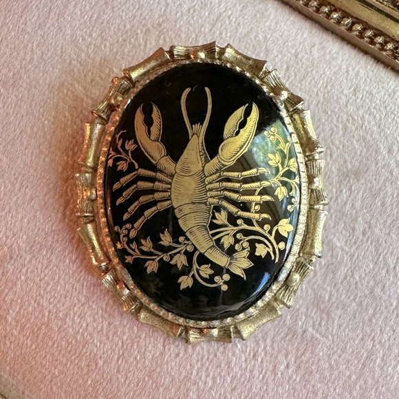 Vintage Jewelry - RARE Vintage Cancer Zodiac Brooch Lobster Pin Black Gold Mid Century Modern
